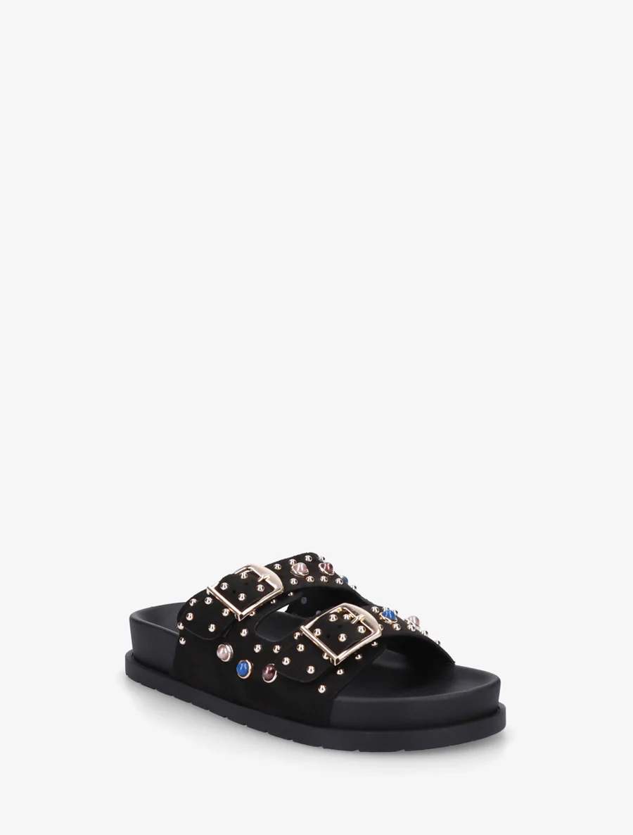 Suède slippers met parels en studs - Zwart - Image 2