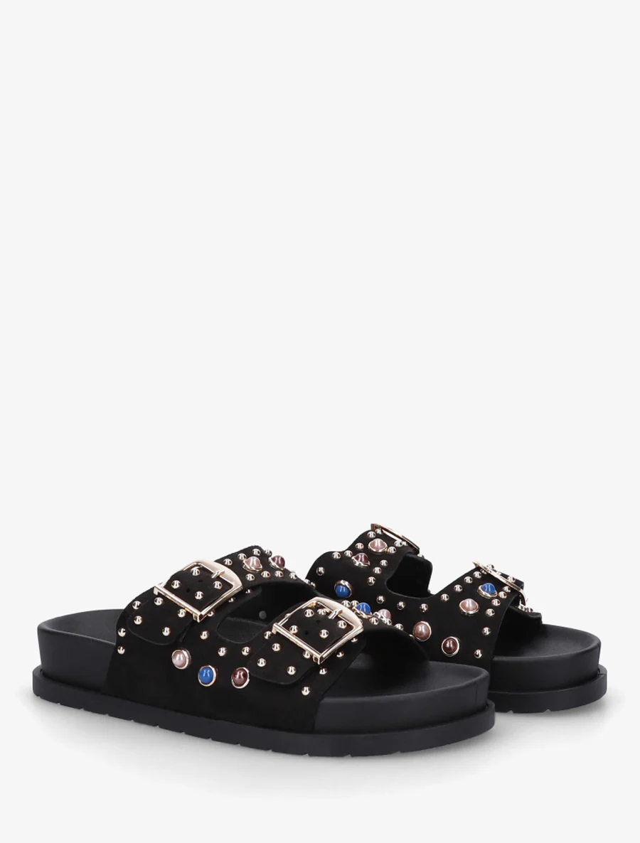 Suède slippers met parels en studs - Zwart - Image 4
