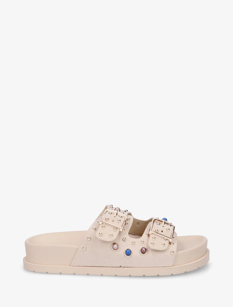 Suède slippers met parels en studs - Beige