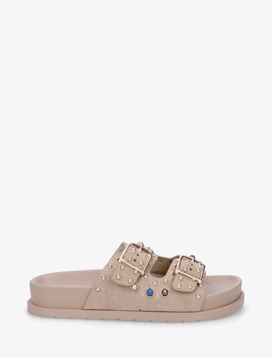 Suède slippers met parels en studs - Mol