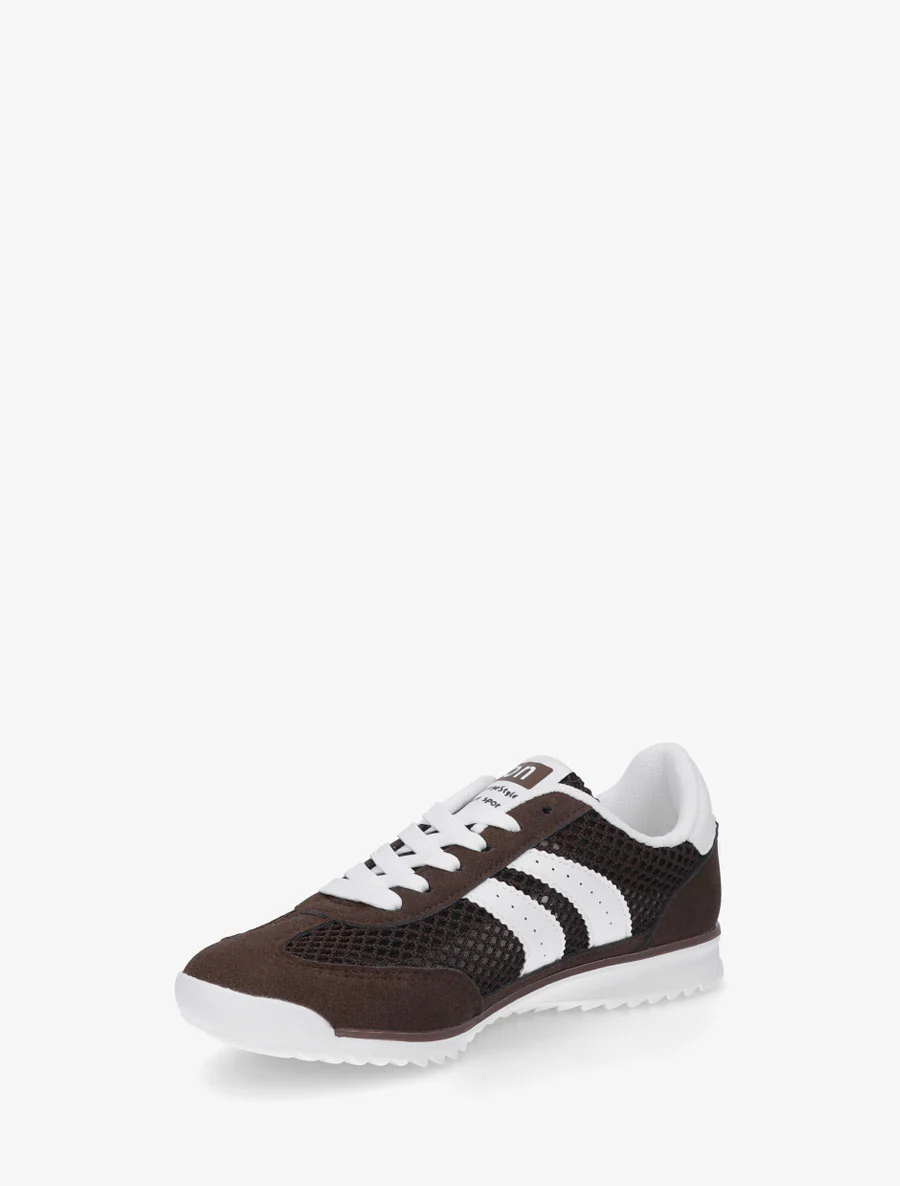 Suède sneakers en opengewerkt textiel - Bruin - Image 3