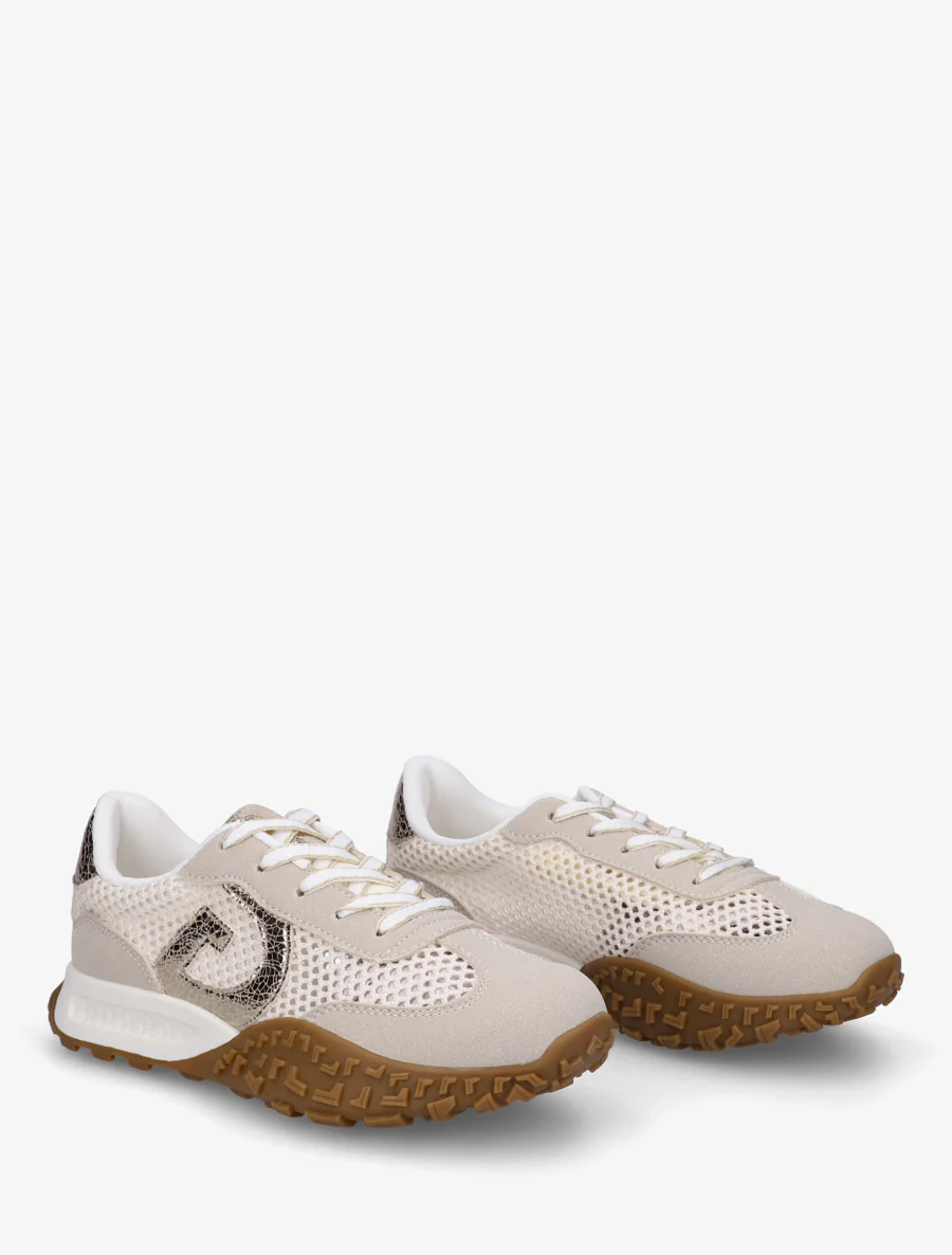 Suède sneakers en opengewerkte mesh - Beige - Image 4