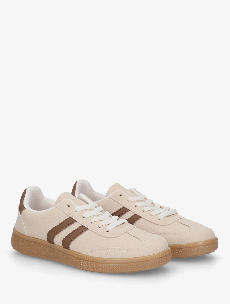 Suède sneakers met contrasterende strepen. - Beige - Image 4