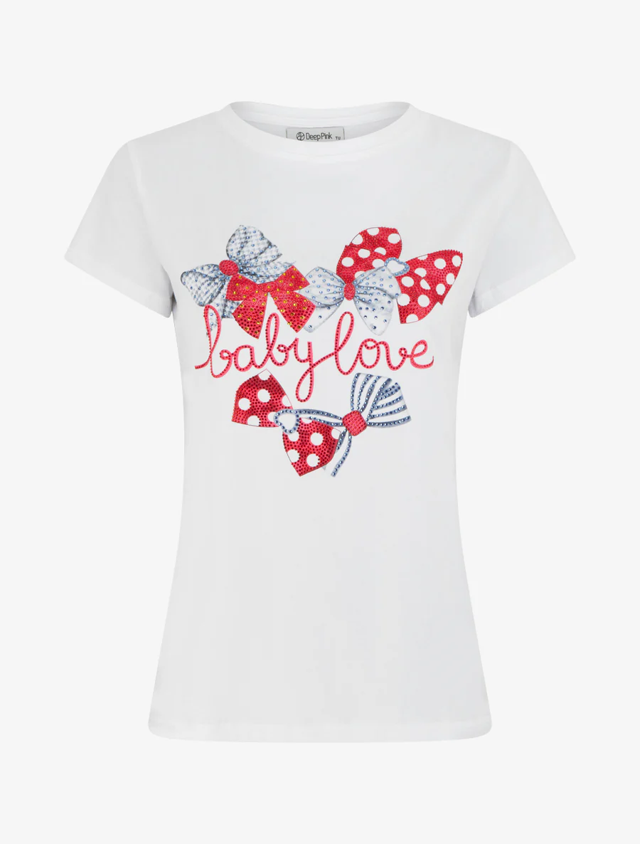 T-shirt bedrukt met gestrikte strass-steentjes - Wit