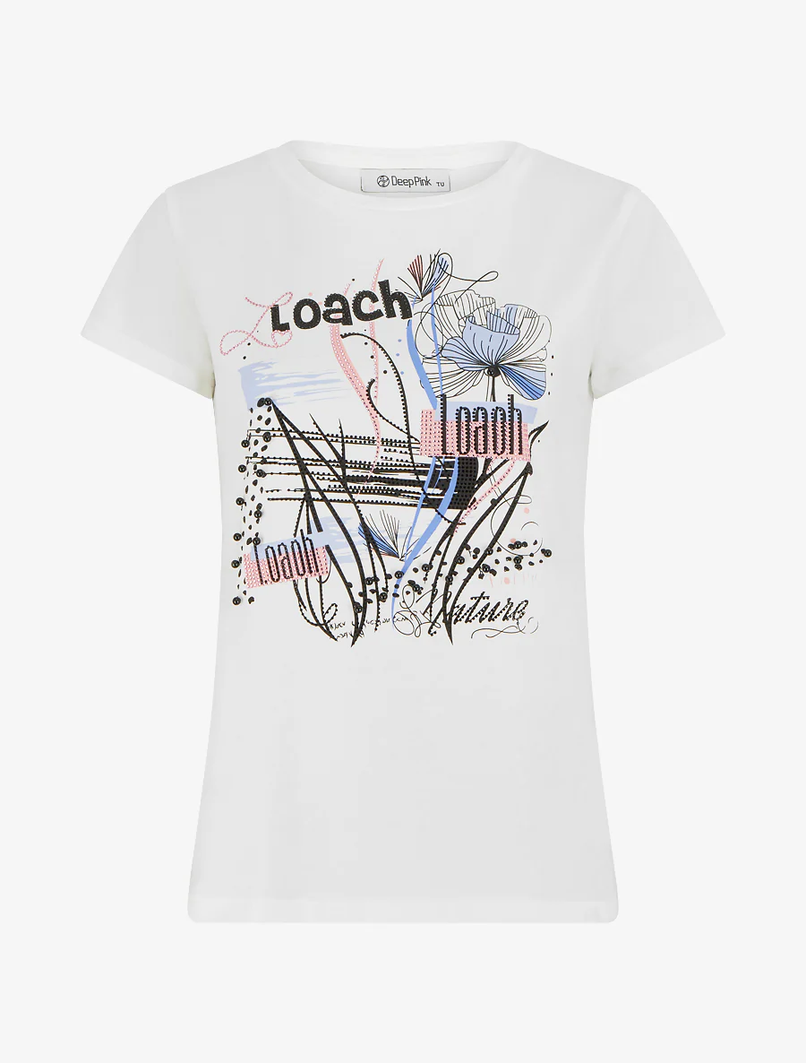 T-shirt bedrukt met strass en parels - Wit