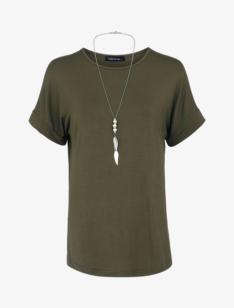 Losvallend T-shirt met halssnoer - kaki