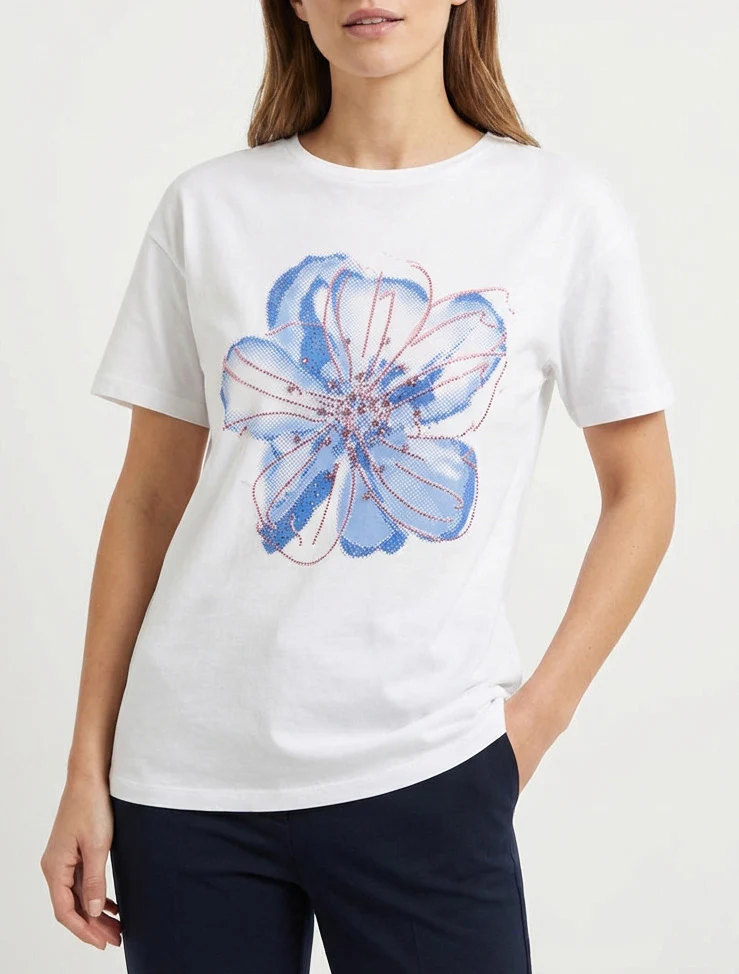 T-shirt met bloemenmotief en strass. - Wit - Image 4