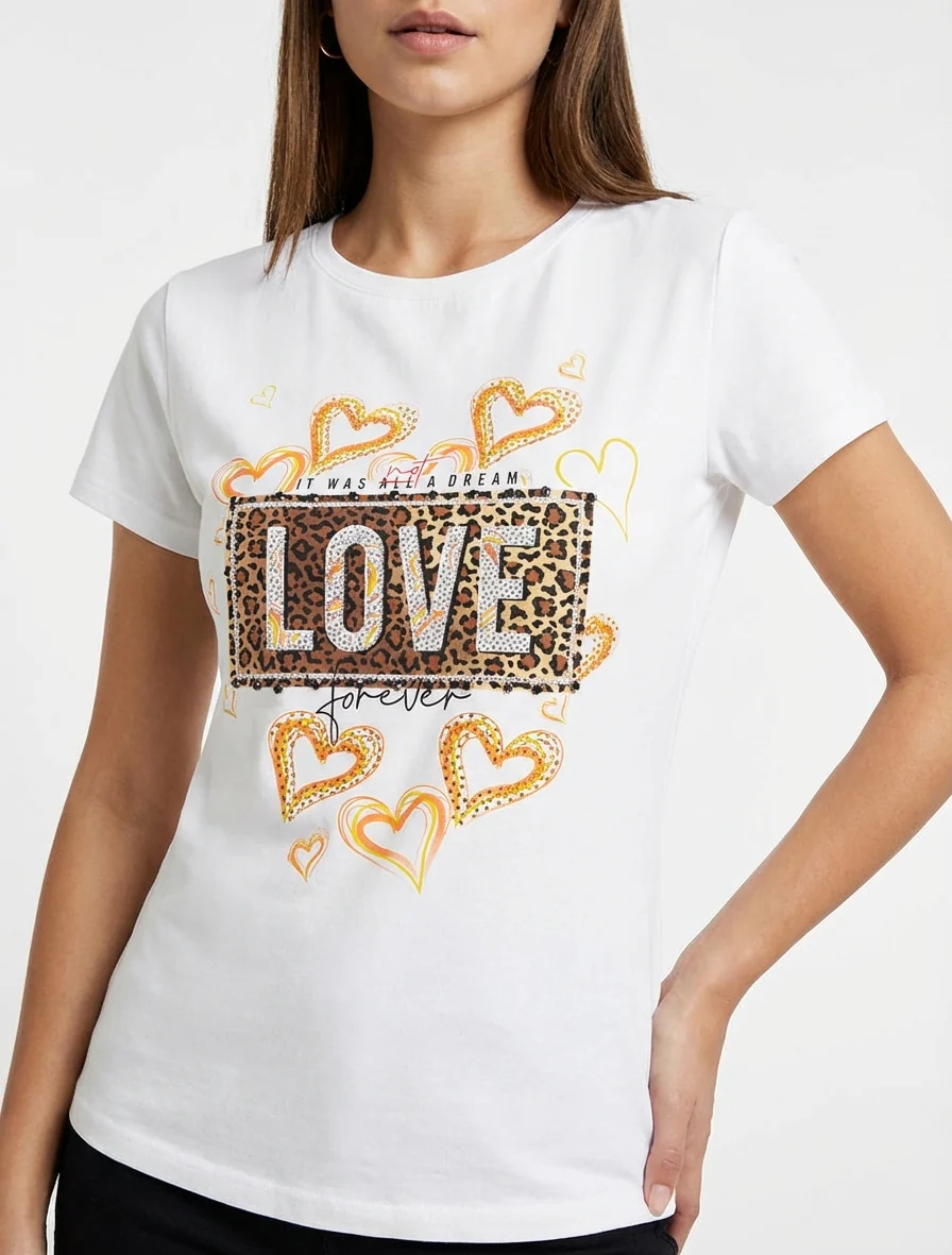 T-shirt met boodschap en met bloemenpatroon met strass-steentjes. - Wit - Image 4