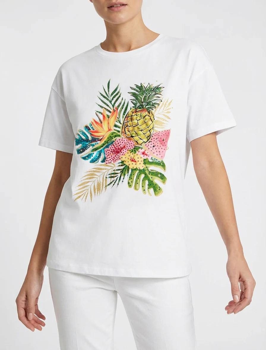 T-shirt met fruitenprint en strass. - Wit - Image 4