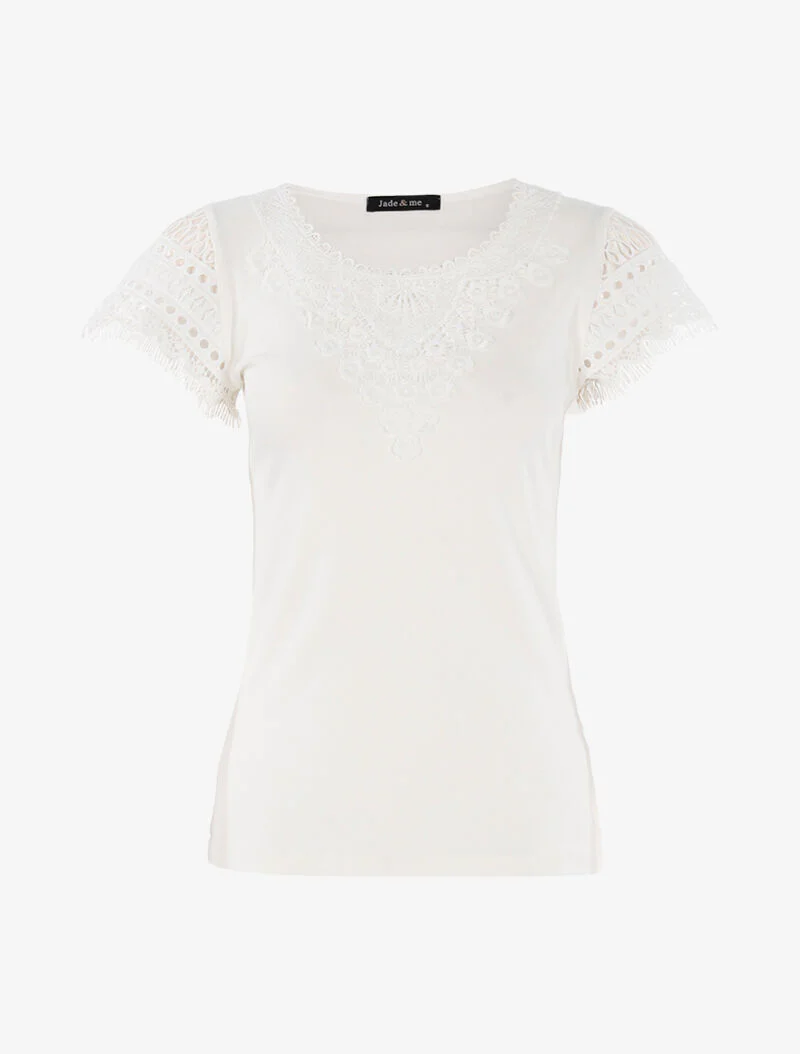 T-shirt met haakwerk inzetstuk - écru - ecru
