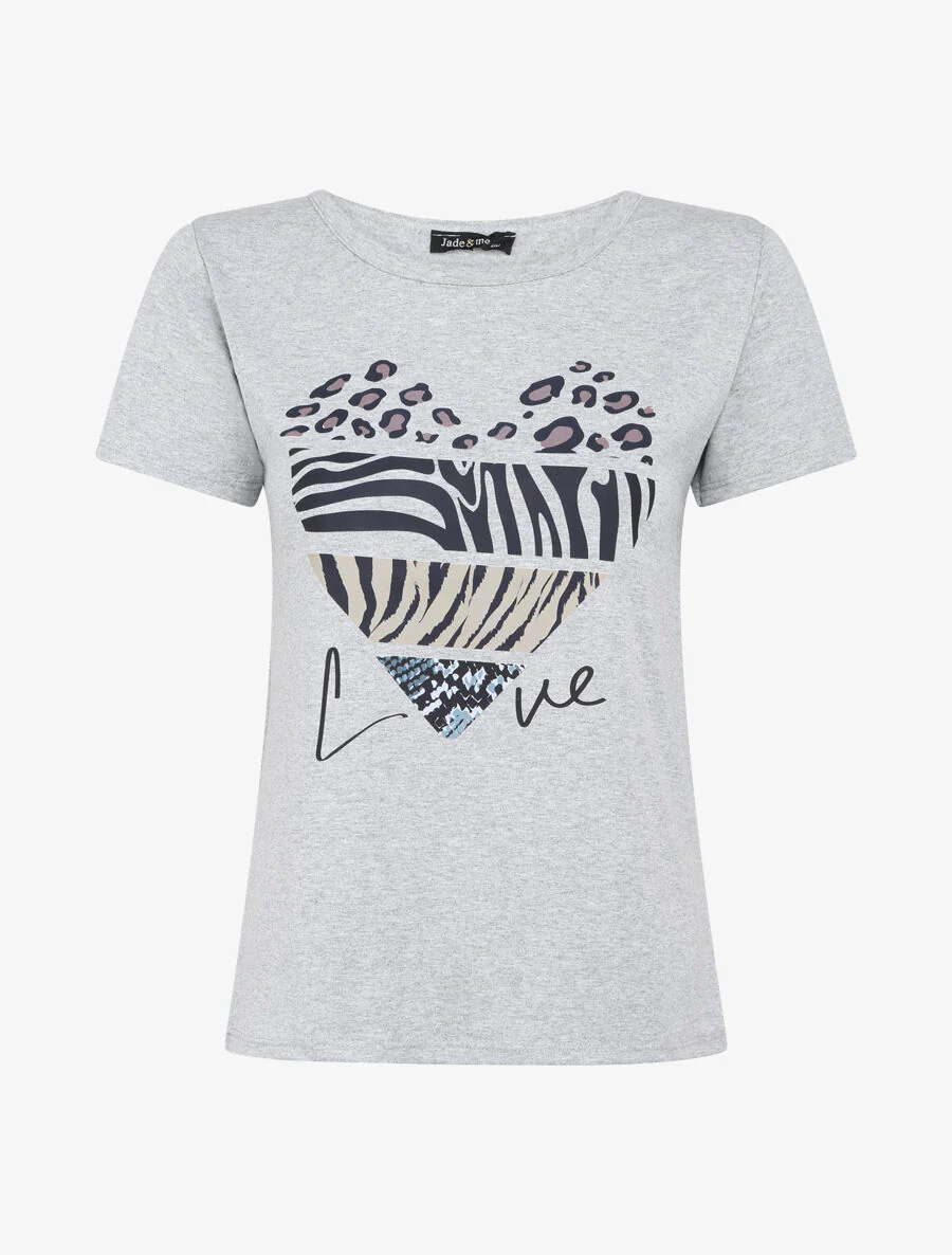 T-shirt met hartmotief en dierprint - Grijs