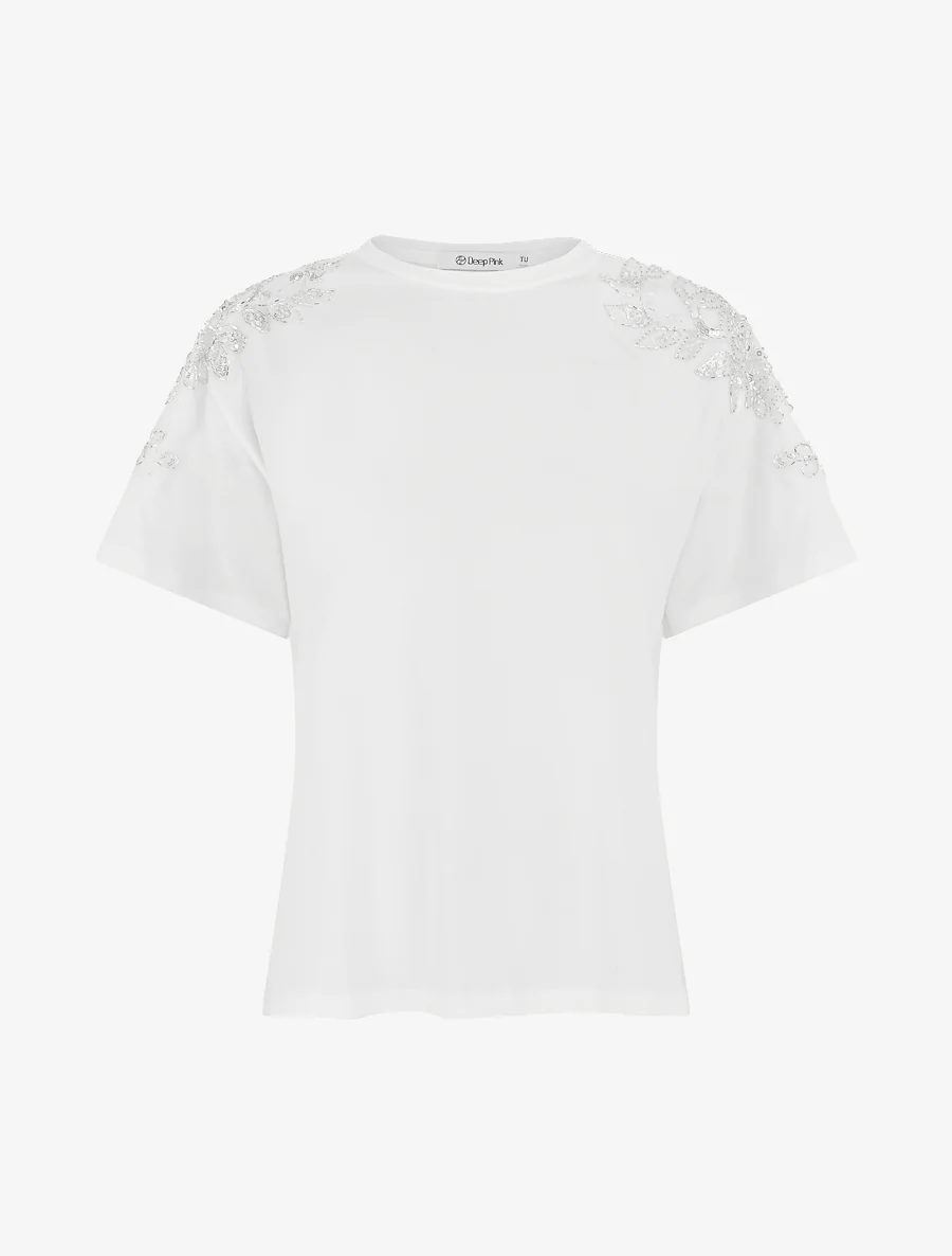 T-shirt met korte mouwen en schouderstrass. - Wit