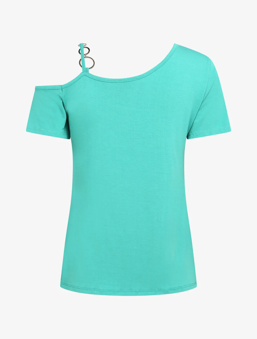 Ronde hals T-shirt met ringen - Turkoois - Image 2