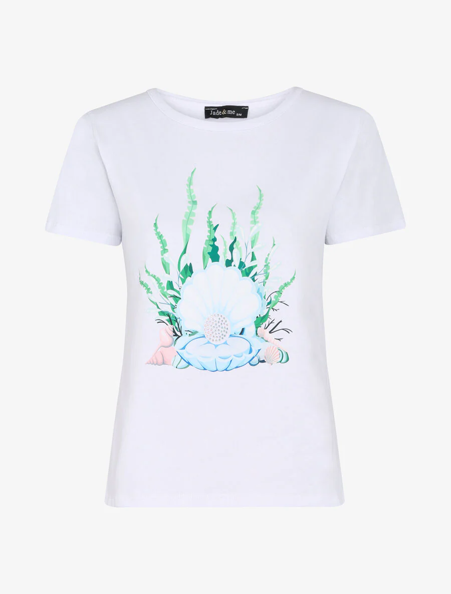 T-shirt met schelpenmotief en strass - Wit