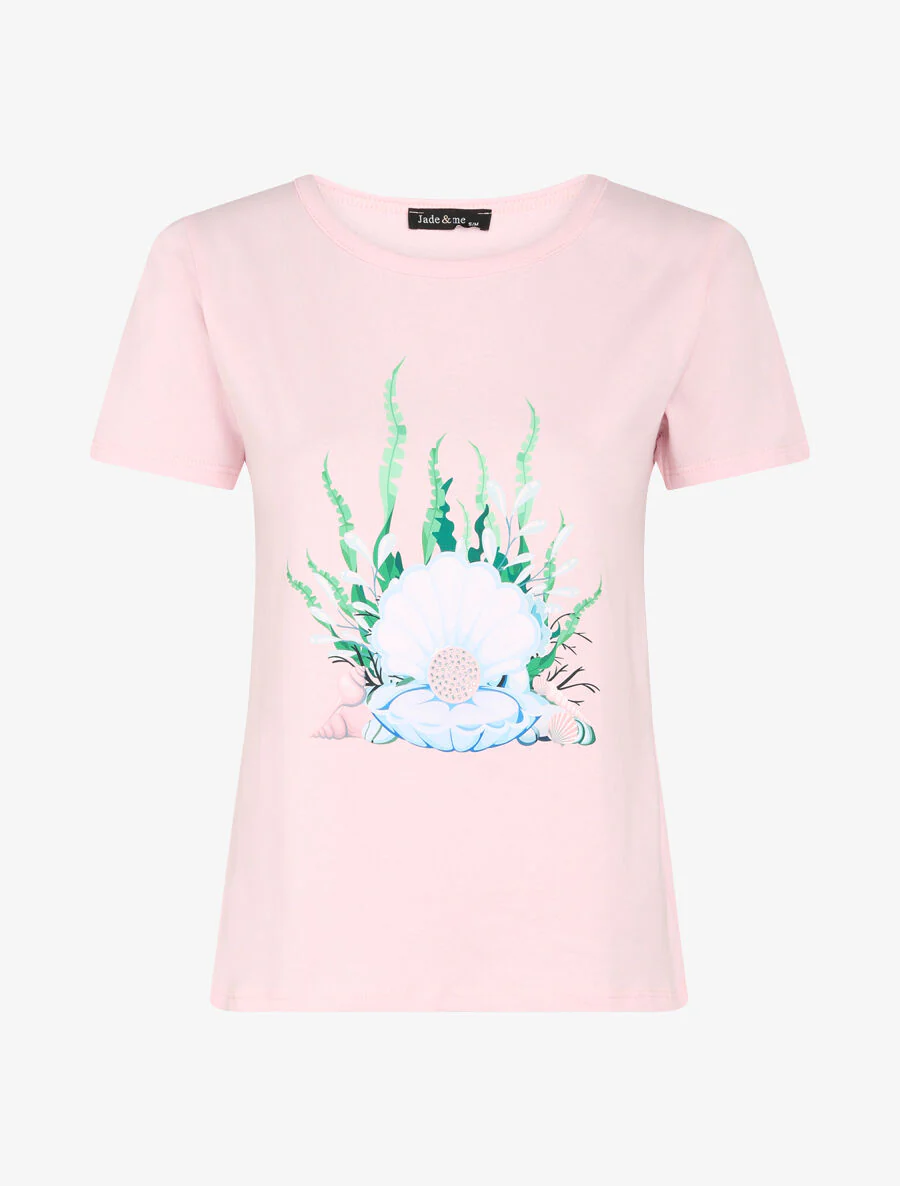 T-shirt met schelpenmotief en strass - Roze
