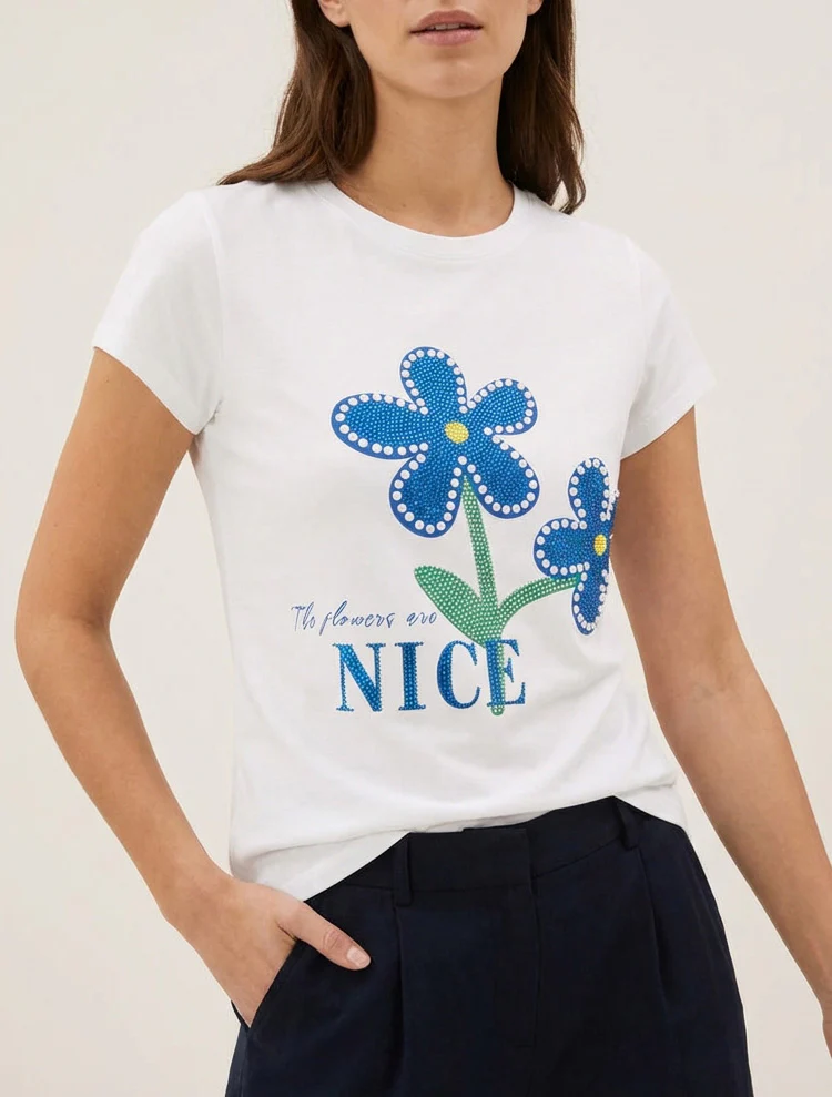 T-shirt met strass en bloemen - Wit - Image 4