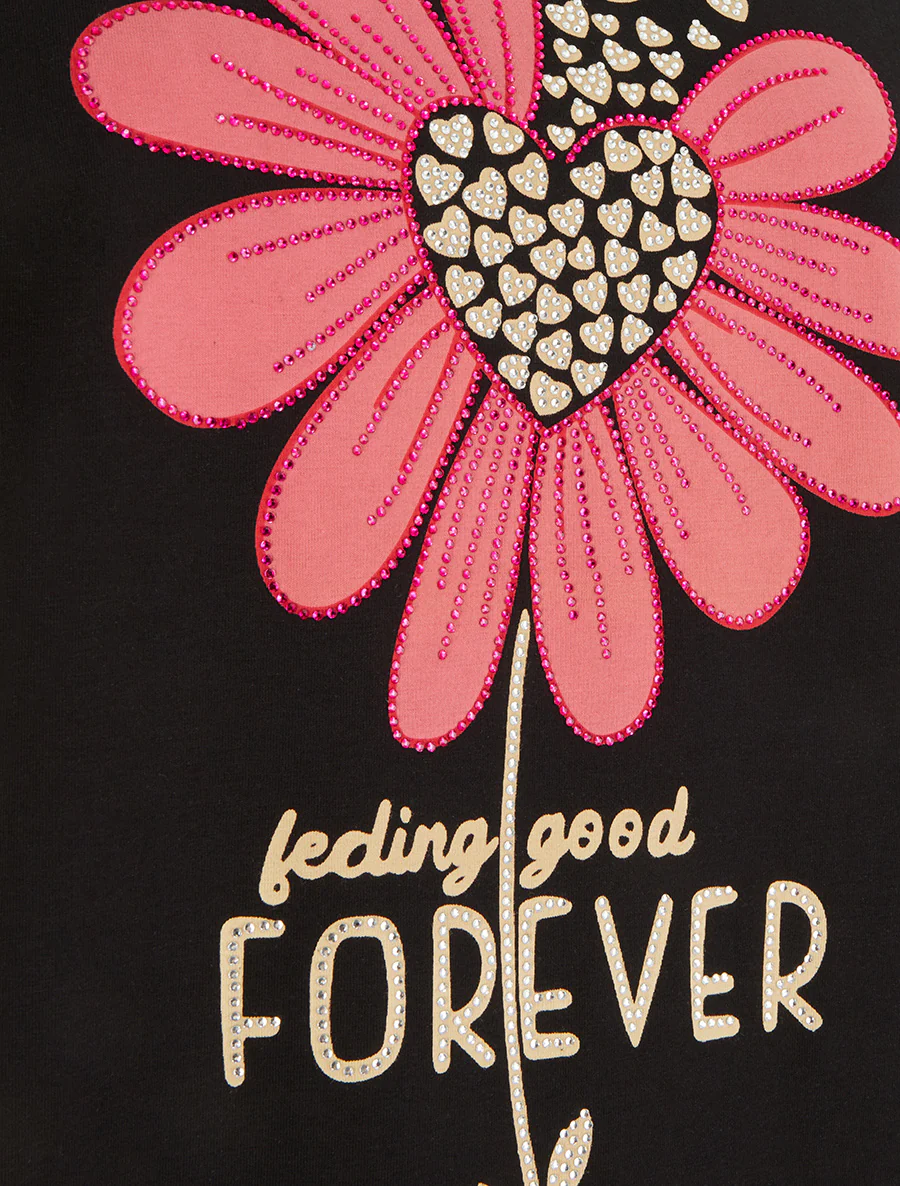 T-shirt met strass en bloemenflock. - Zwart - Image 3
