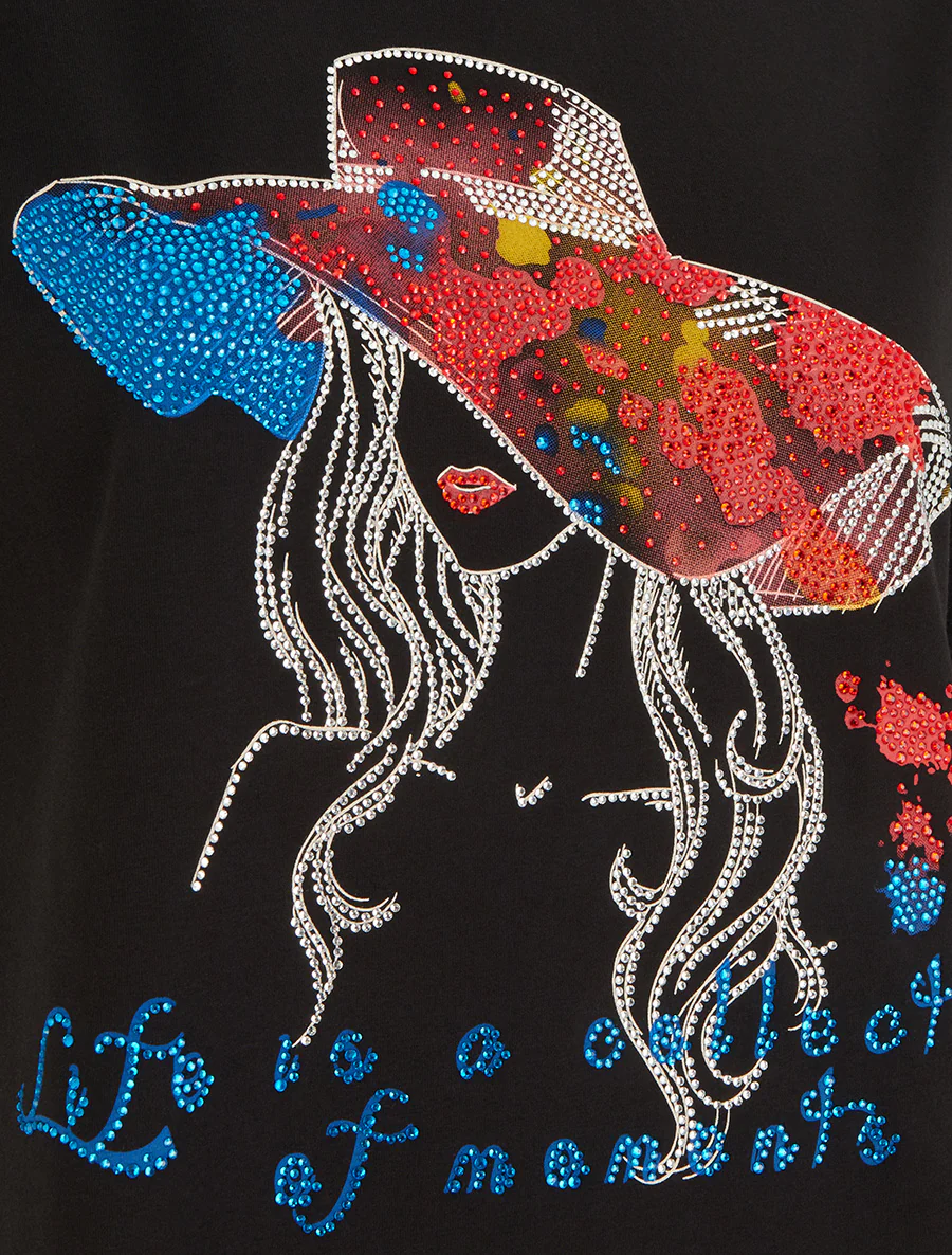 T-shirt met strass en motief van dame met hoed - Zwart - Image 3