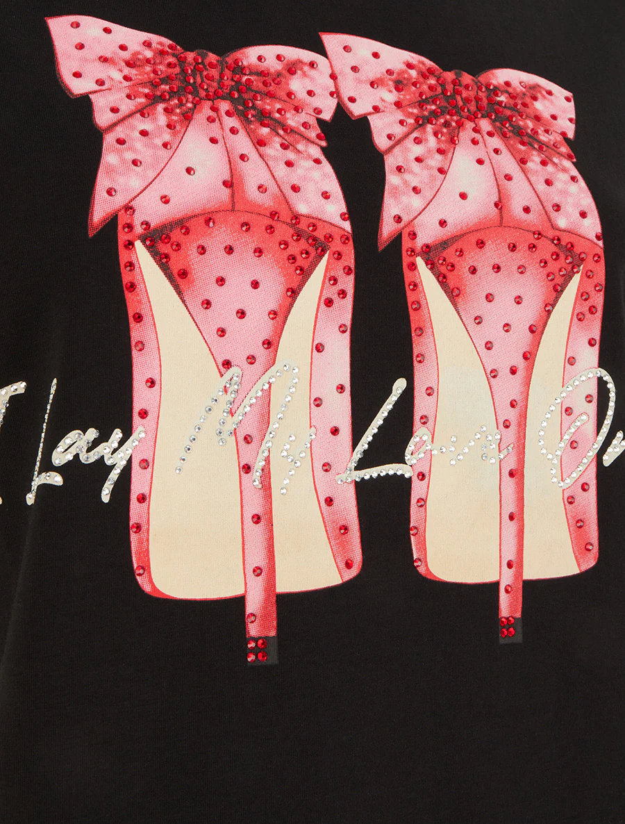 T-shirt met strass en stiletto motief - Zwart - Image 3