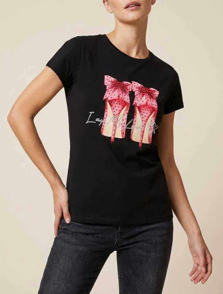 T-shirt met strass en stiletto motief - Zwart - Image 4