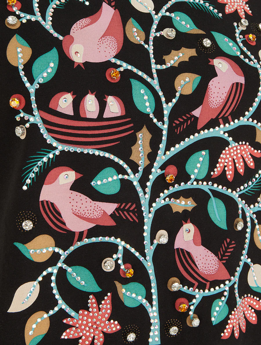 T-shirt met strass en vogelprint - Zwart - Image 3