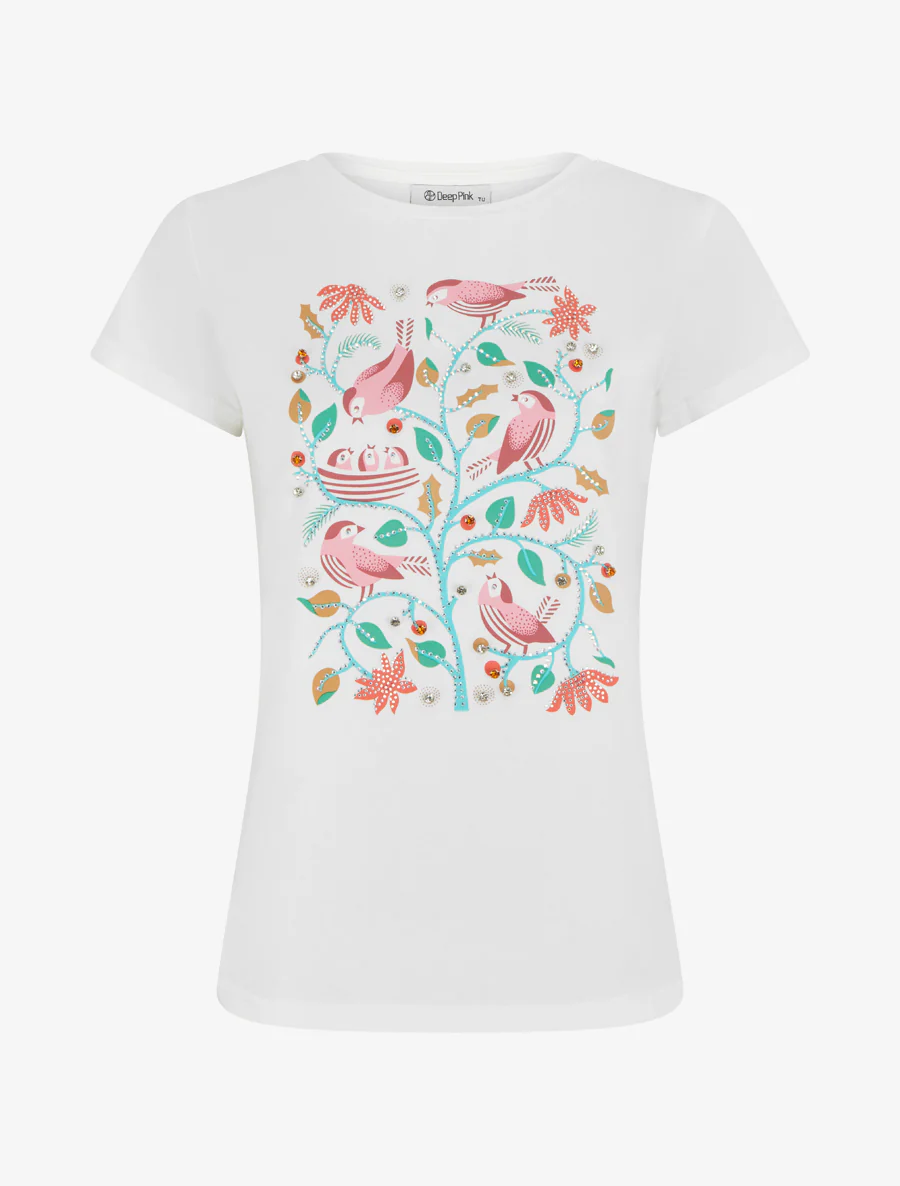 T-shirt met strass en vogelprint - Wit