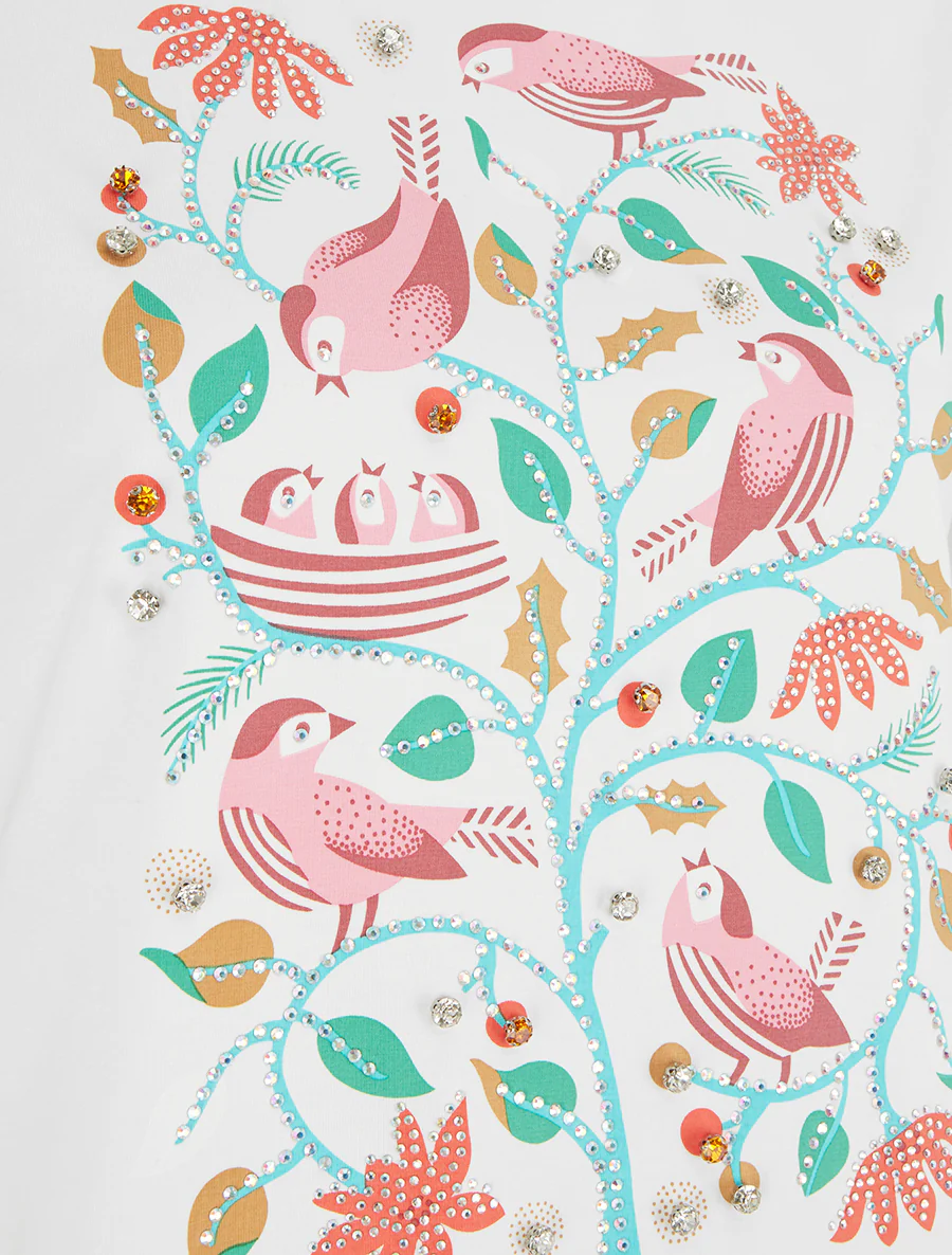 T-shirt met strass en vogelprint - Wit - Image 3