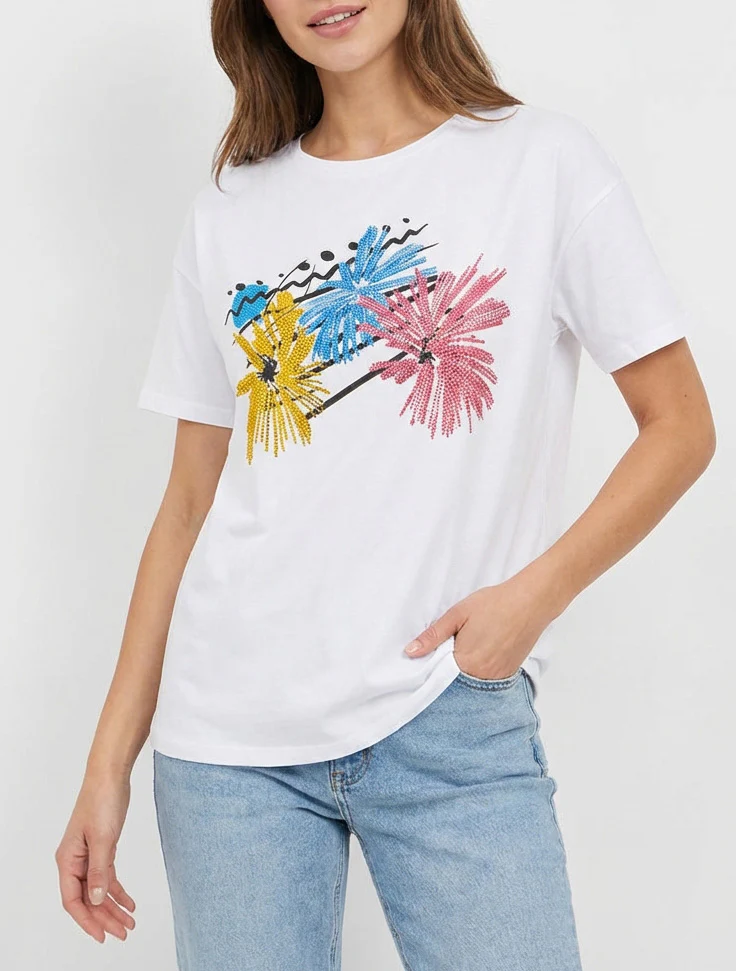 T-shirt met vuurwerkprint en strass - Wit - Image 4