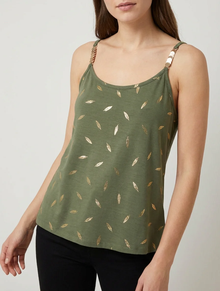 Tanktop met sierlijke bandjes en verenprint - Kaki - Image 4