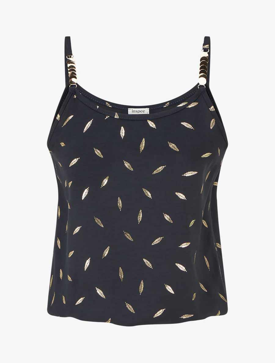 Tanktop met sierlijke bandjes en verenprint - Zwart