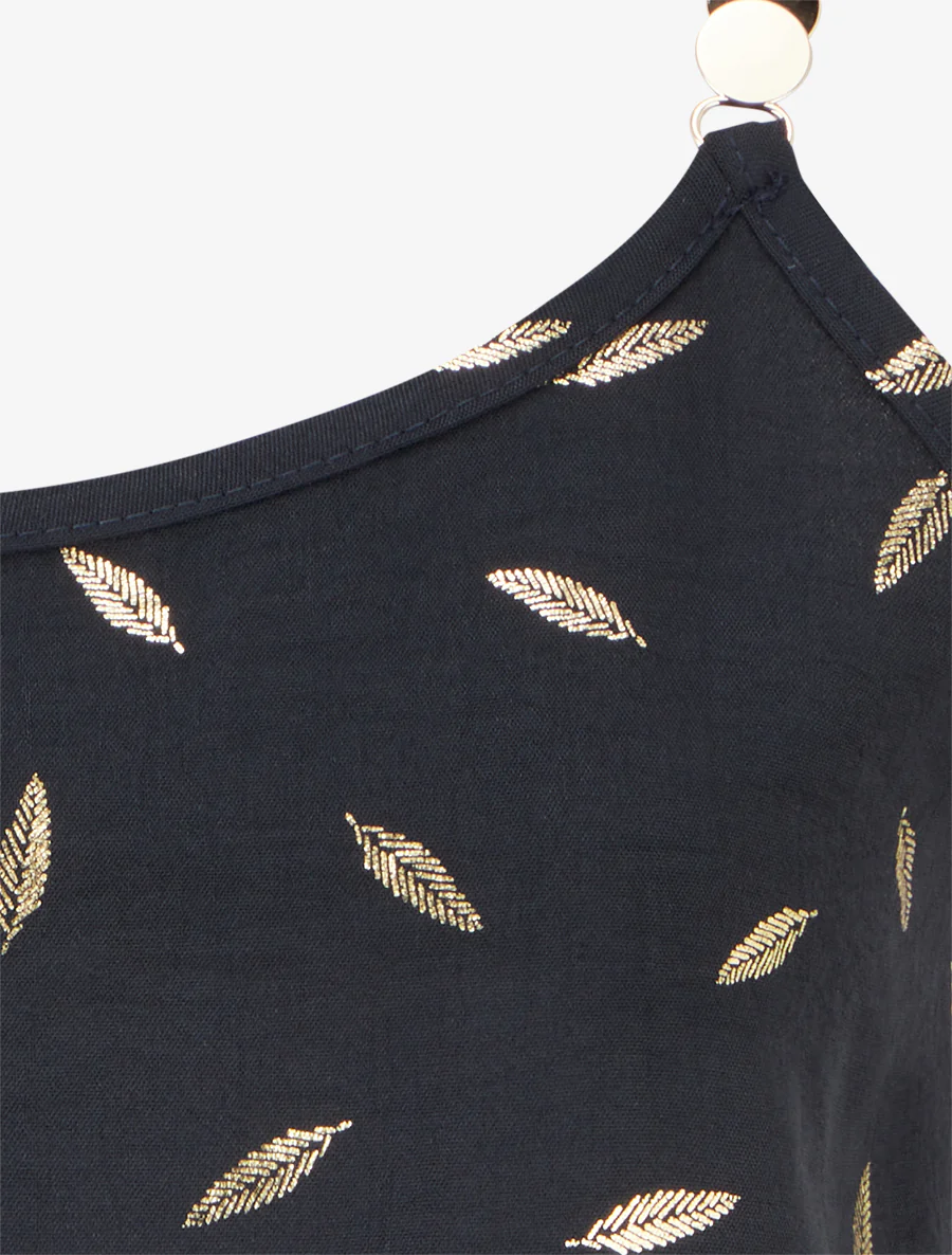 Tanktop met sierlijke bandjes en verenprint - Zwart - Image 3