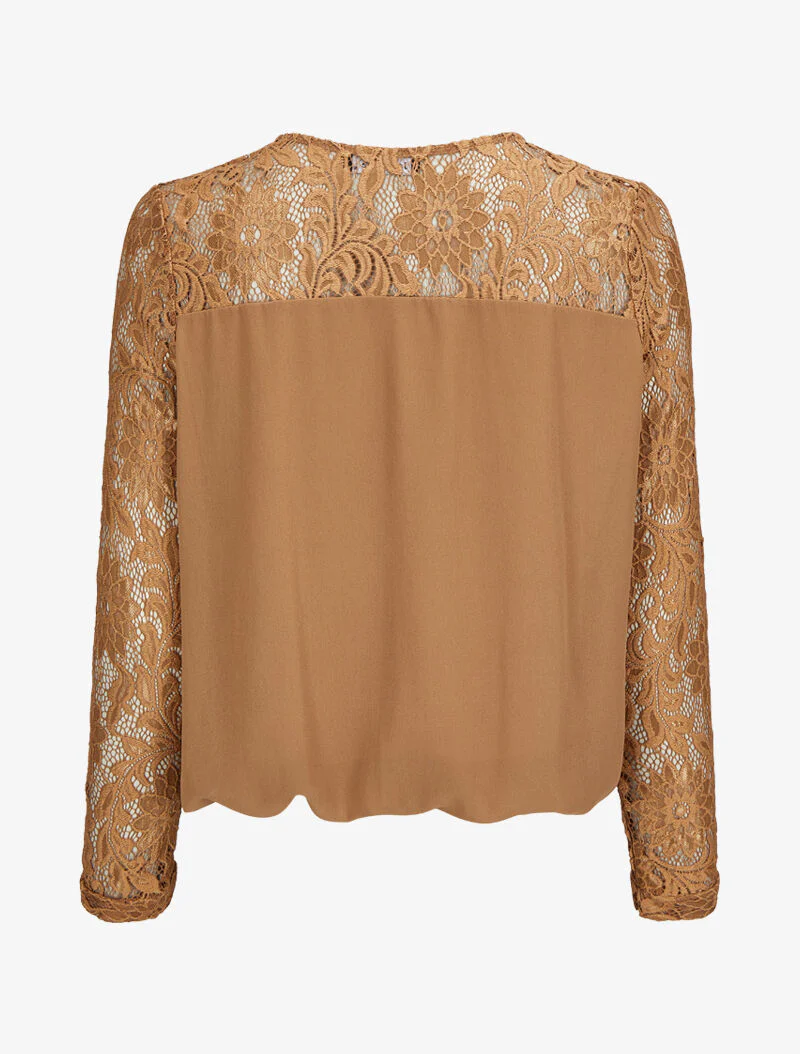 Top bol coupe met kanten inzetstuk - Camel - Image 2