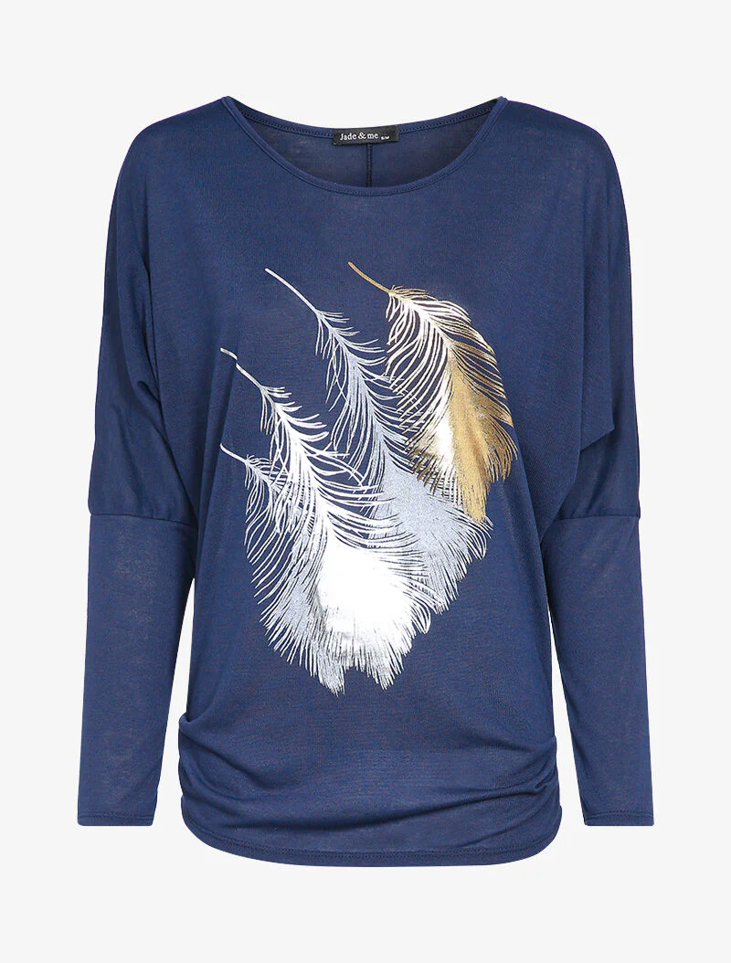 Top dolman mouwen met verenmotief - Marine - Image 2