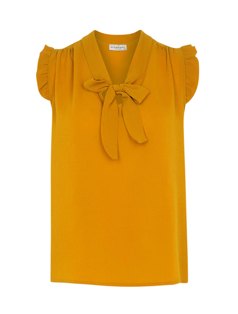 Top crêpe-effect met lavallièrekraag - mosterdkleur