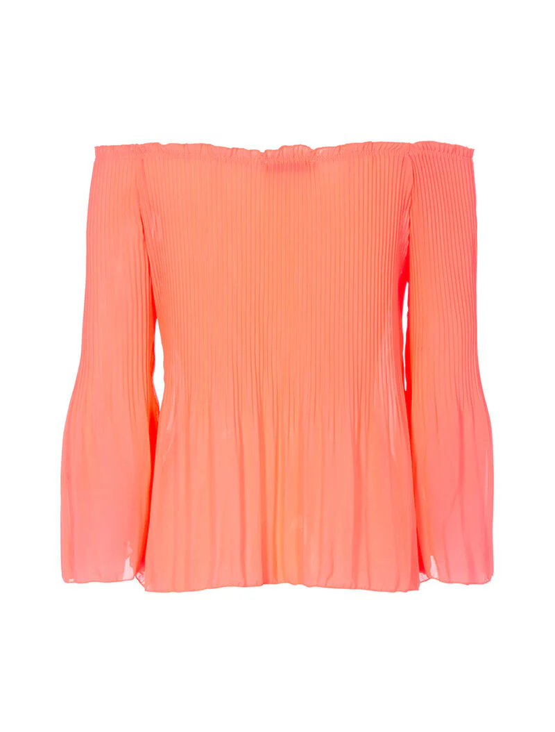 Off-shoulder geplooide top - fluorescerend oranje - Image 2