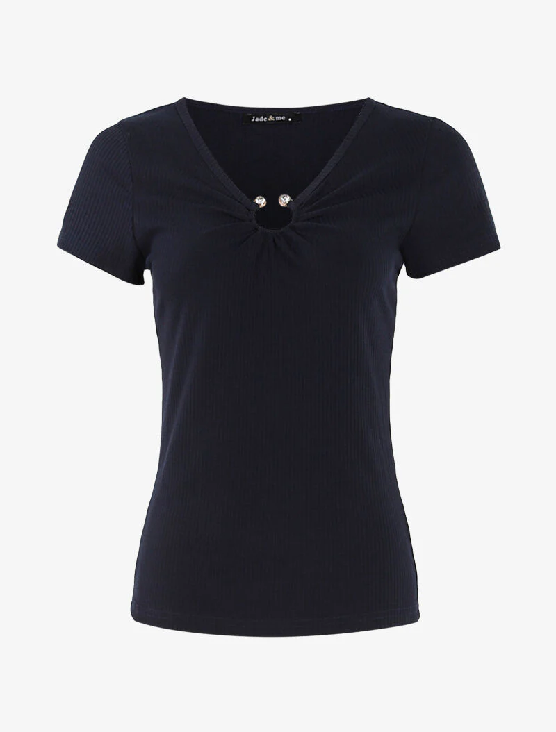 Geribbelde top met sierkraag - marineblauw