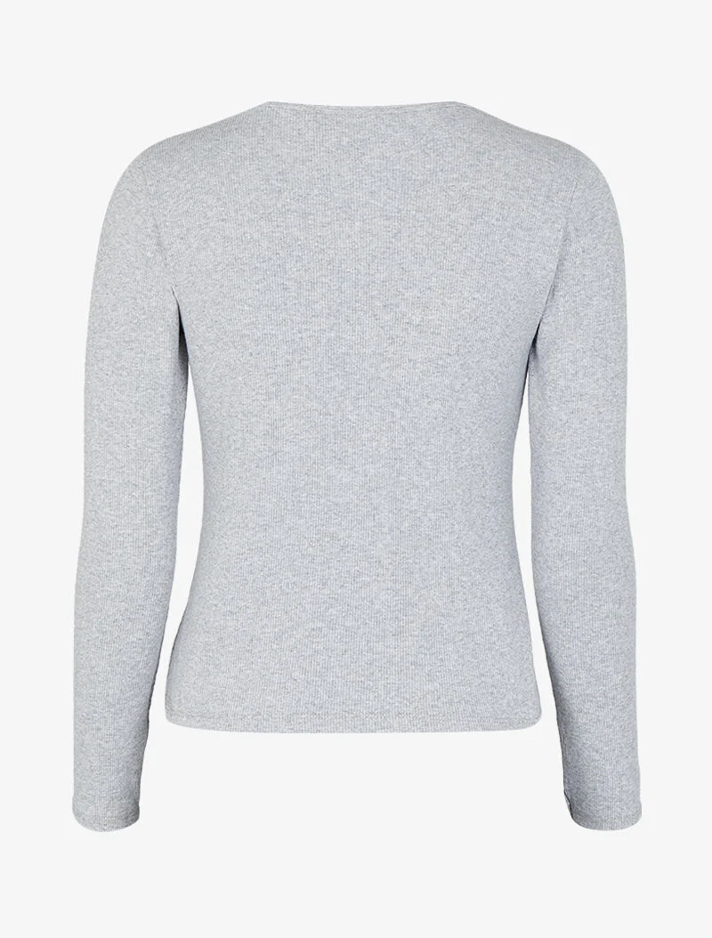 Geribbelde top met ronde hals en rits met parel- en strassdetails - Gemêleerd grijs - Image 2