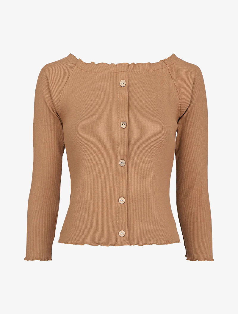 Geribbelde top met golvende randen - Camel
