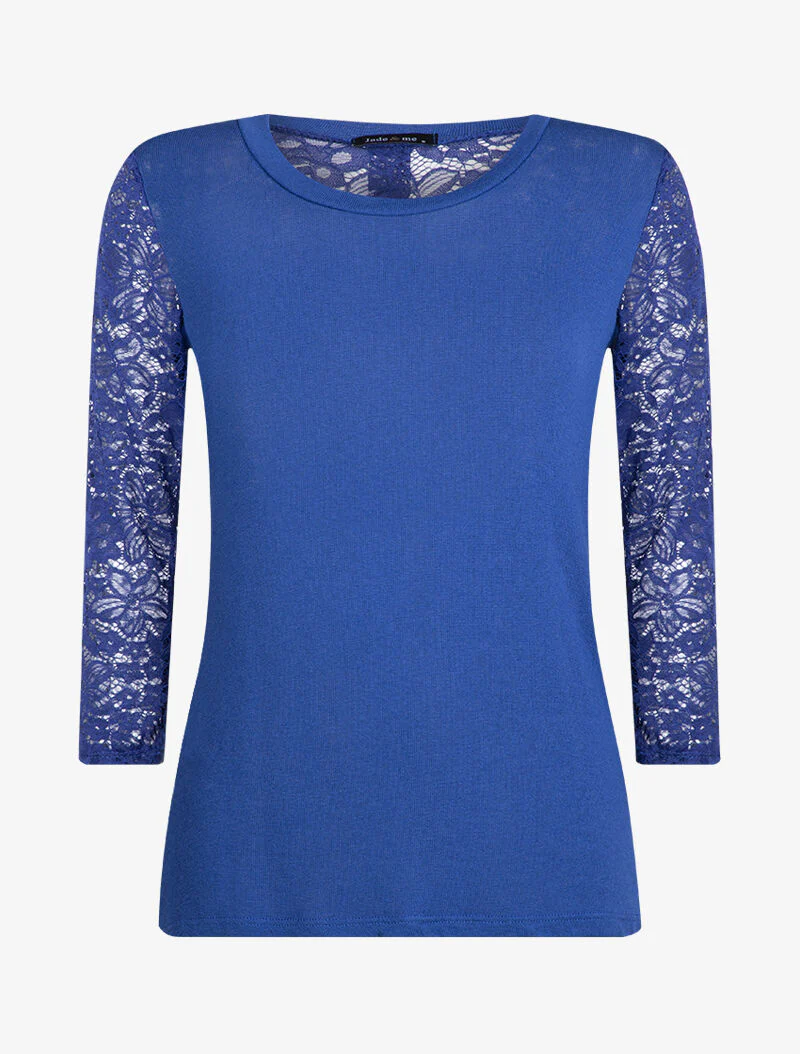 Top in kantgebreide stof met kanten details - elektrisch blauw - Image 3