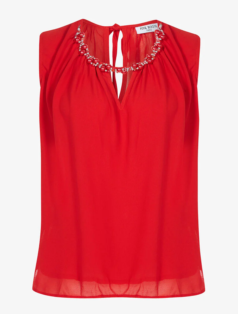 Top in voile met parelkraag - rood