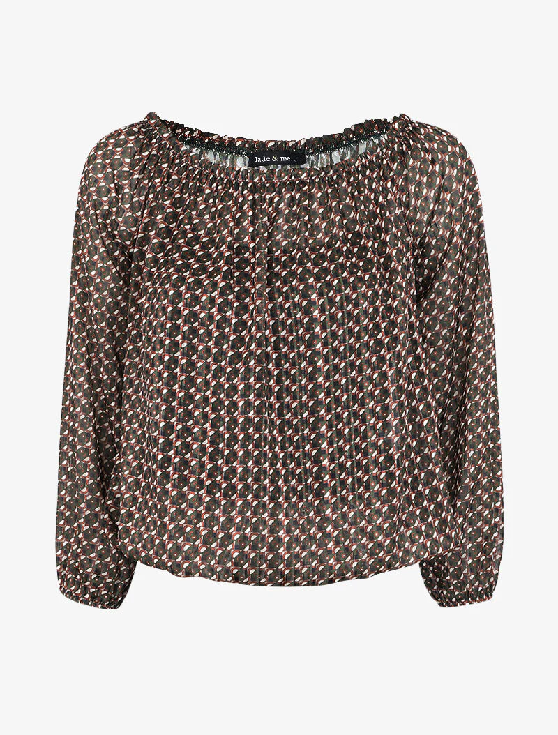 Off-shoulder top met print - Kaki