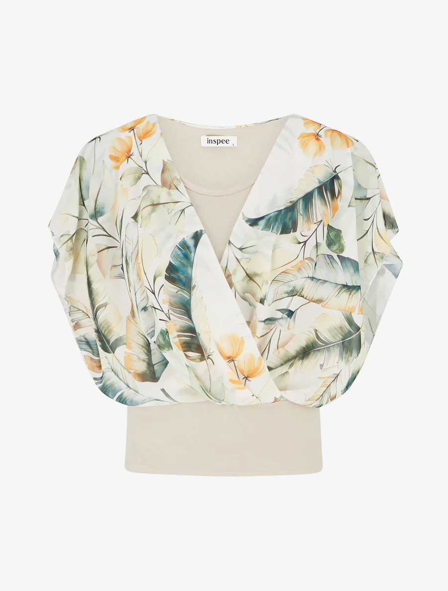 Top met bladerprint en volantmouwen - Beige