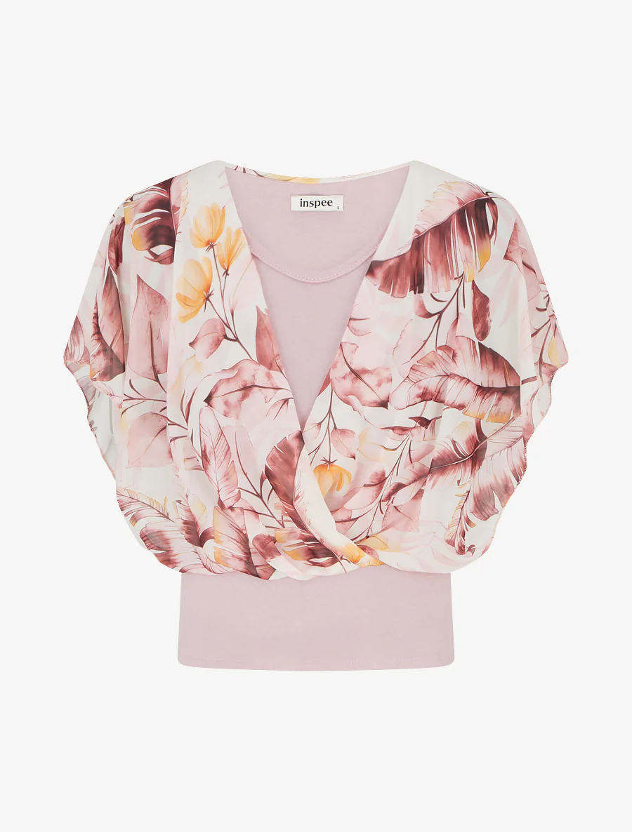 Top met bladerprint en volantmouwen - Roos