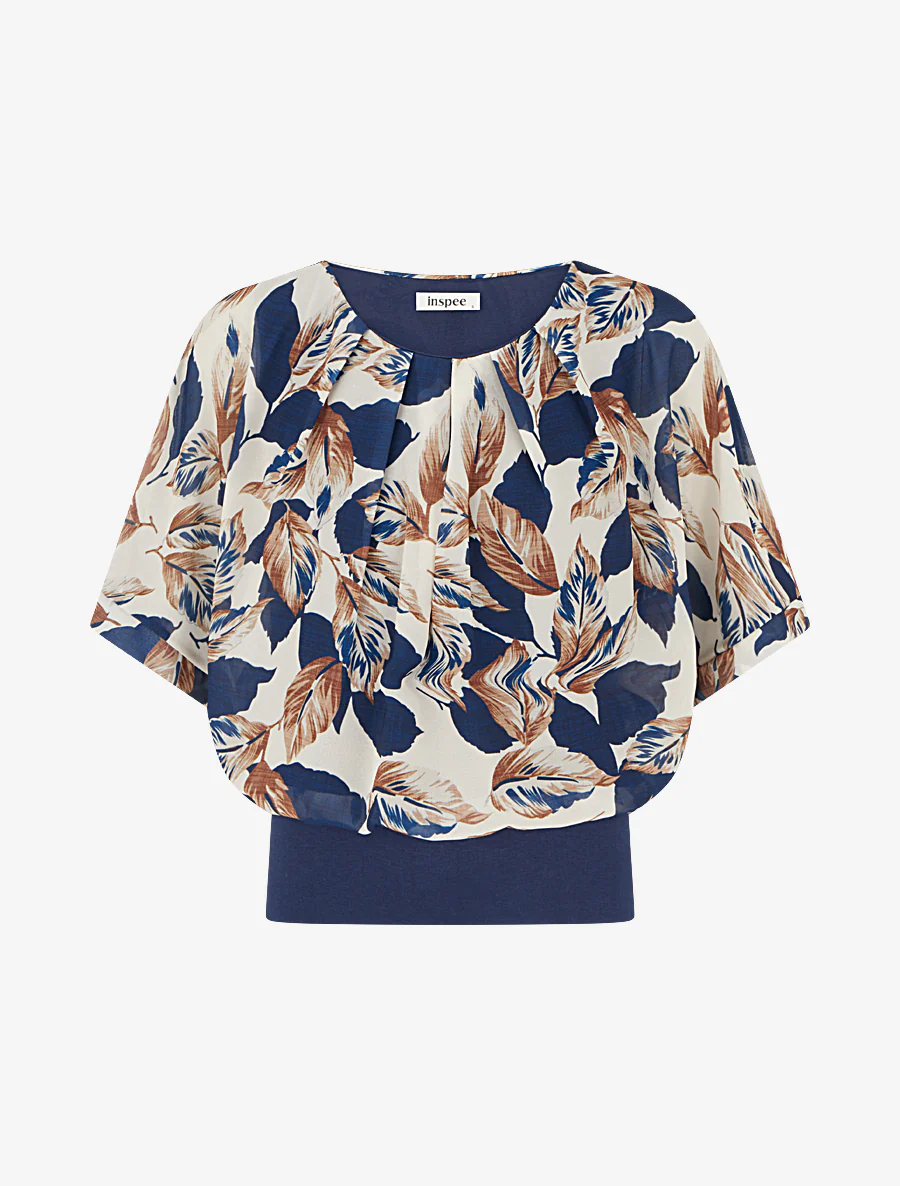Top met bladrint en korte mouwen - Marine