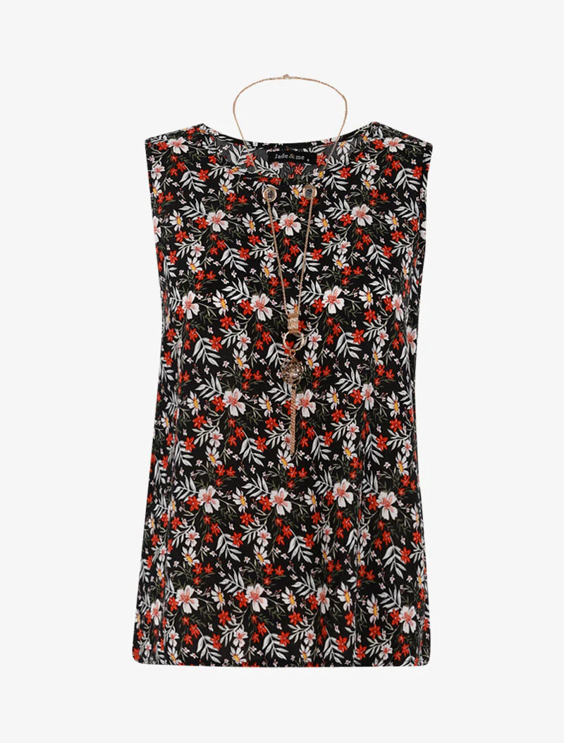 Top met bloemenprint en lange ketting - zwart