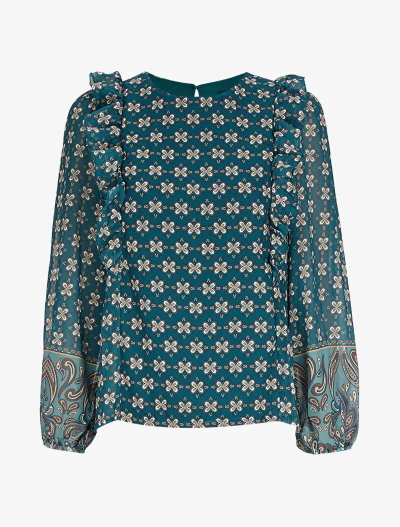 Top met dubbele print en ruches op de schouders - Blauwgroen