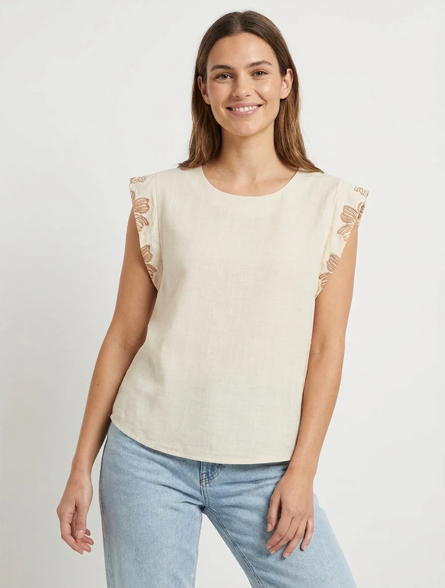 Top met geborduurde mouwtjes. - Beige - Image 4