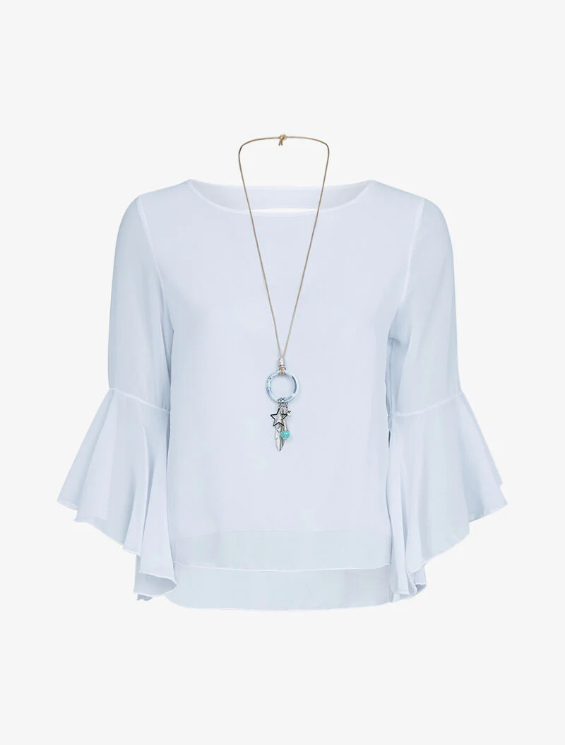 Top met gerimpelde mouwen en lange ketting - wit