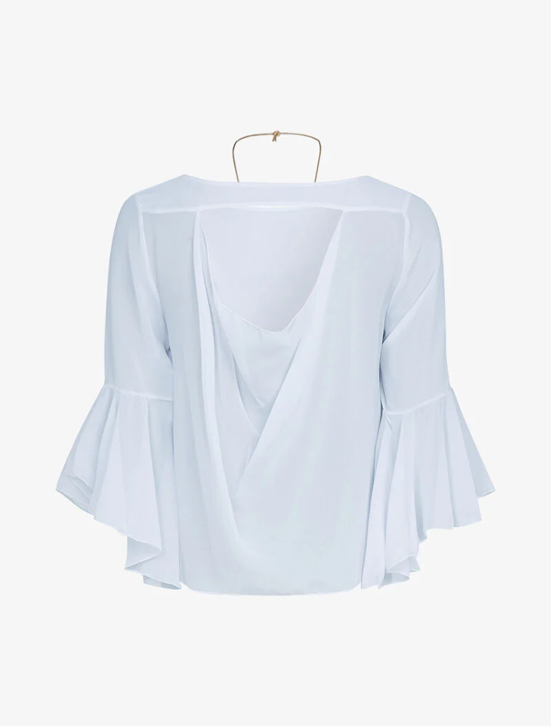 Top met gerimpelde mouwen en lange ketting - wit - Image 2