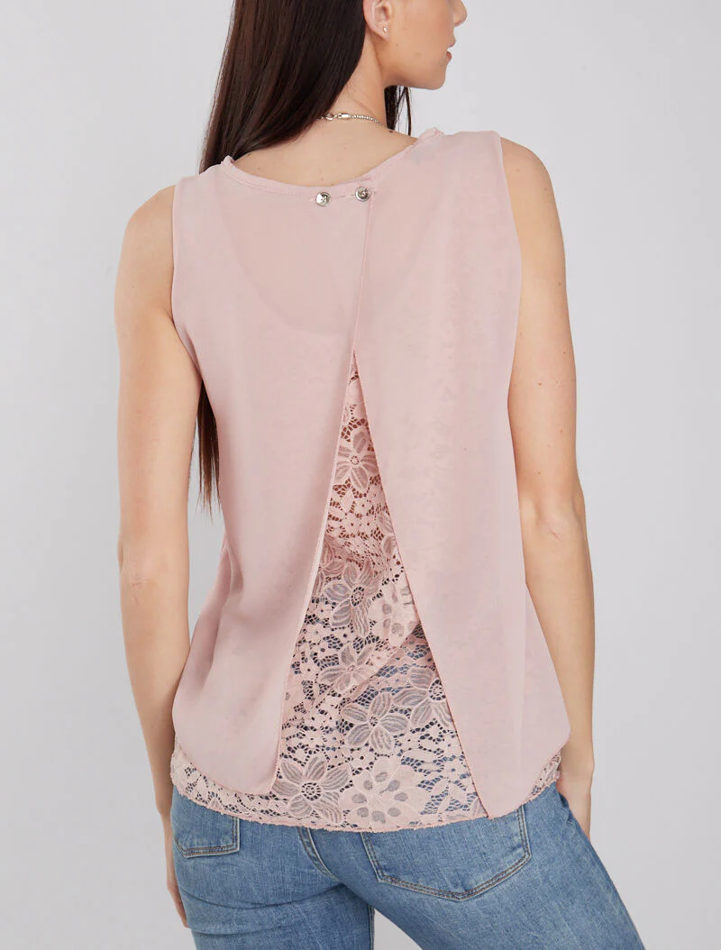 Gespleten rug top met kant - roze - Image 2